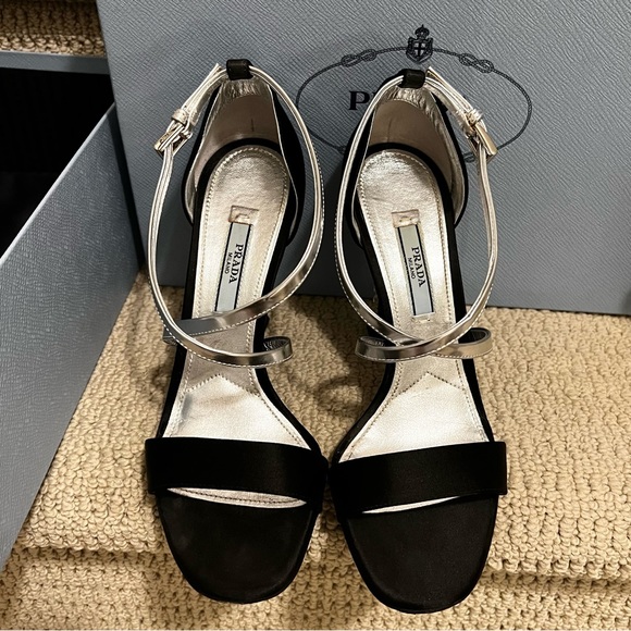 Prada Black Silver Satin Leather Diamond Jeweled CrissCross Ankle Strap Sandals - Picture 4 of 12